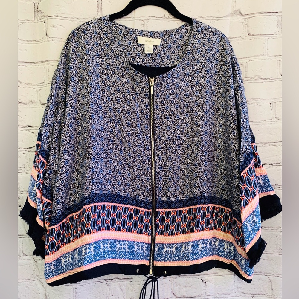 CJ Banks Blue and Pink Geometric Print Zipper Jacket 3/4 Sleeves Drawstring Hem